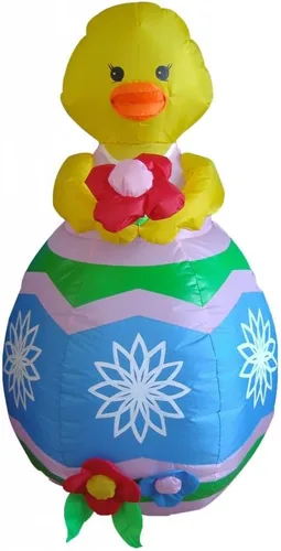 Pollito amarillo inflable de Pascua de 4 pies de alto con flor roja y huevo azul, luces LED preiluminadas, para exteriores, interiores, vacaciones,