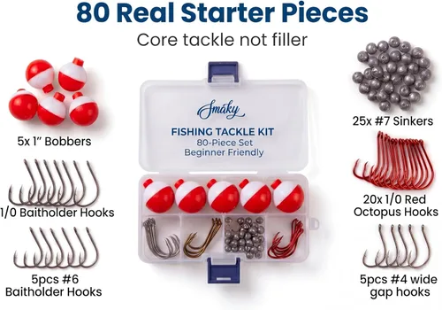 Miniatura 6 de Smaky Kit de aparejos de pesca, equipo para principiantes, 80 piezas, incluye anzuelos de pesca, anzuelos de pulpo, círculos, plomadas, kit