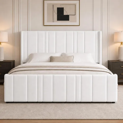 Miniatura 12 de HOMBCK Marco de cama tamaño matrimonial, plataforma tapizada en terciopelo, con cabecero y estribo de canal vertical, listones de madera, sin ruido