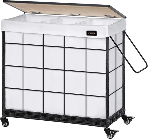Miniatura 8 de Cesta de lavandería duradera con bolsa interior extraíble, ruedas resistentes, tapa de madera y asa de metal - Clasificador de ropa y canasta