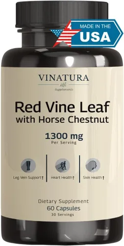 VINATURA Extracto de hoja de vid roja, castaño de indias, 1300 mg/porción, fabricado y probado en EE. UU., soporte para la circulación y las venas
