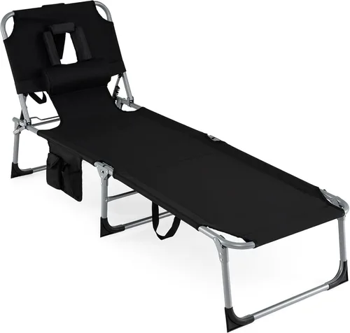 GYMAX Silla de bronceado, tumbona plegable de playa con agujero para la cara y el brazo, respaldo ajustable, bolsillo lateral, almohada y asa de
