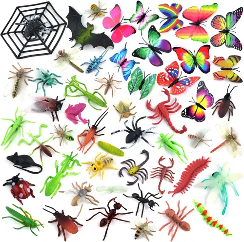Coopay 51 piezas de insectos de plástico, insectos falsos, arañas falsas, cucarachas, escorpiones, mariposas y gusanos, mini juguetes realistas de