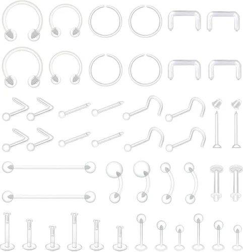 Kit de 46 a 60 piezas de retenedores transparentes para nariz, tabique, ceja, labio, labio, lengua, vientre, pezón, tragus, cartílago, anillos de