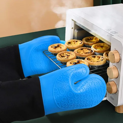 Miniatura 6 de sungwoo Guantes de horno de silicona extralargos, resistentes al calor, con forro acolchado, agarre texturizado antideslizante, perfectos para Azul
