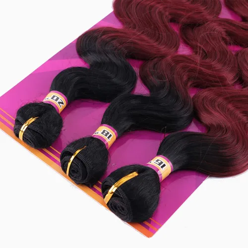 Miniatura 4 de Extensiones de cabello ondulado sintético de color rojo vino 3 paquetes de 16 18 20 pulgadas, color ombre de negro a burdeos, trenza de cabello