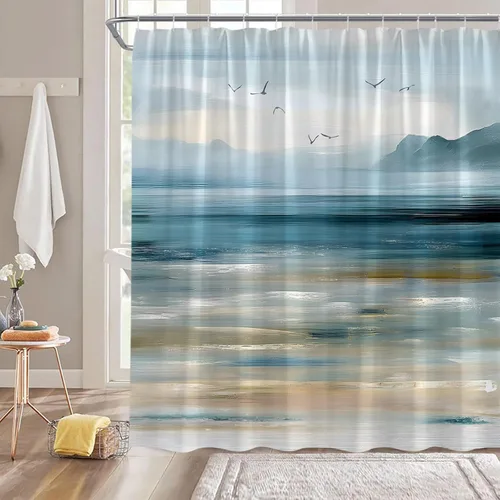 Miniatura 3 de Cortina de ducha abstracta de playa, océano, olas de mar, montaña, naturaleza, paisaje, pintura al óleo, cortina de decoración de baño con ganchos