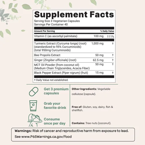 Miniatura 2 de Suplemento de Cúrcuma Curcumina Pura 1,000mg 95% Curcuminoides 120 Cápsulas Vegetarianas con Propóleo de Abeja, Jengibre, Aceite MCT, Vitamina C