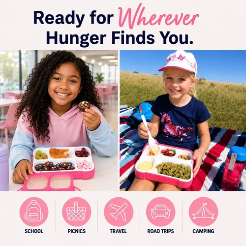 Miniatura 6 de Contenedor de lonchera Bento-Box para niños, niñas, mujeres, kit de 6 compartimentos para porciones escolares, cajas de comida o aperitivos para Rosa