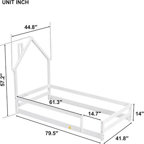 Miniatura 2 de Cama de madera de tamaño individual con cabecera en forma de casa con vallas, altura baja al suelo, para dormitorio de niños y niñas (azul claro-01)