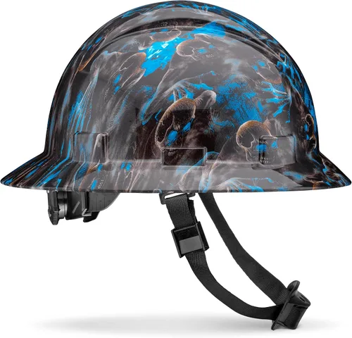 Miniatura 9 de Casco duro OSHA de ala completa, sin ventilación, diseño de calavera y tatuaje, acabado brillante, con suspensión de 6 puntos