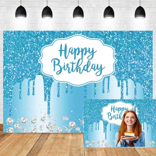 Telón de fondo de cumpleaños azul con lentejuelas y diamantes con purpurina para mujeres y niñas, decoración de fiesta de cumpleaños, 16, 18, 21,