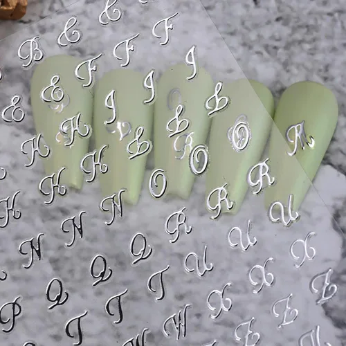 Miniatura 7 de Calcomanías de uñas con letras, 8 hojas de calcomanías de uñas con letras en inglés antiguo, 3D, autoadhesivas, doradas, plateadas, negras, blancas