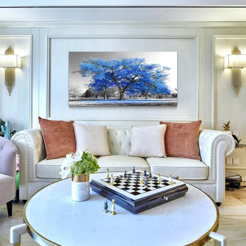 Miniatura 6 de Pintura artística contemporánea de árbol azul en estilo blanco y negro, paisaje de otoño, imagen moderna giclée, estirada y enmarcada