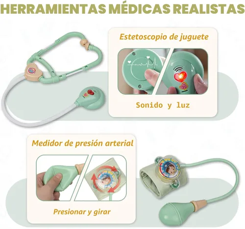 Miniatura 2 de Liberry Kit médico para niños pequeños de 3, 4, 5 años, 30 piezas de juguete médico con estetoscopio, disfraz, juego médico verde, regalo