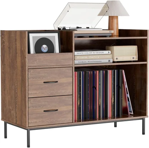 Miniatura 3 de Hassyee Soporte para tocadiscos con almacenamiento para más de 500 álbumes, estante giratorio moderno de mediados de siglo y cajones, consola