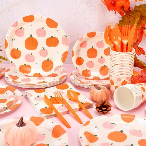 Miniatura 4 de Whaline 168 Pcs Fall Pumpkin Paper Plates Napkins Set Autumn Pink Orange A Little Pumpkin Is On The Way Disposable Tableware Cups and Cutlery for 24