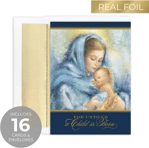 Miniatura 2 de Tarjetas navideñas religiosas de la Virgen y el Niño de Masterpiece / Juego de 16 tarjetas festivas cristianas en caja con acentos de lámina dorada