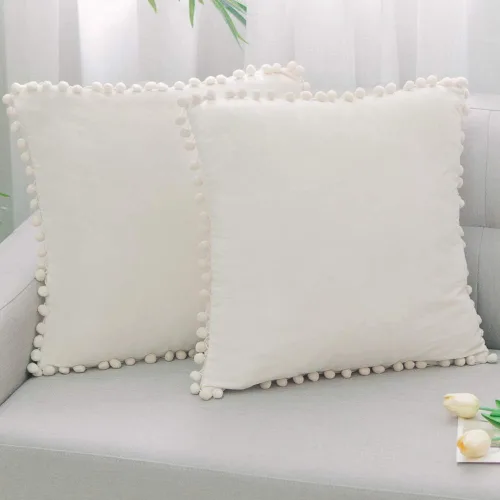 Miniatura 11 de Juego de 2 fundas para cojines decorativos de terciopelo sólido suave con borde de pompones