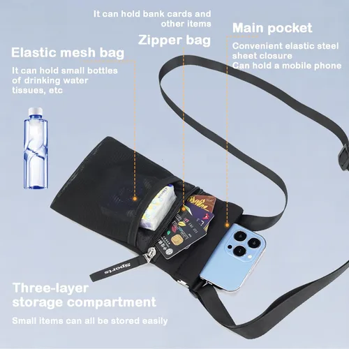 Miniatura 6 de Bolso cruzado para teléfono con soporte para botella de agua, bolsa multifunción para teléfono celular con cremallera y bolsillos de malla, correa