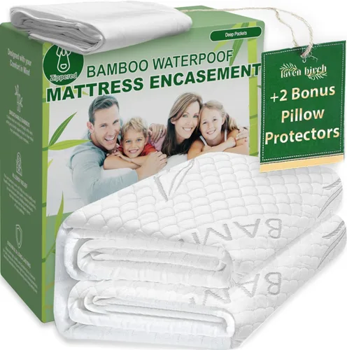 Miniatura 7 de Protector de colchón de rayón de bambú con cremallera + 1 protector de almohada, 100% impermeable, refrescante, tamaño individual, tela ultrasuave