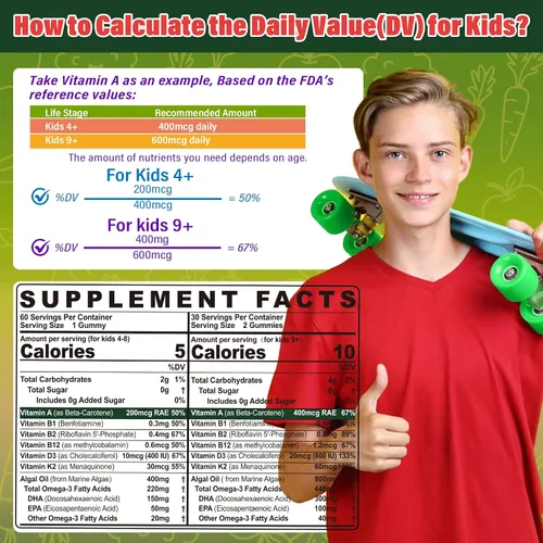 Miniatura 8 de NEVISS Multivitamínico para niños y adolescentes de 4 a 17 años con hierro Omega3 D3K2, Picky Eater Vitamin Super Greens Gomitas, frutas orgánicas