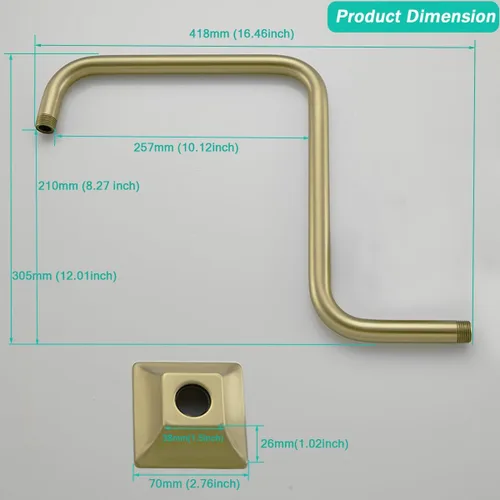 Miniatura 2 de Brazo de ducha de cuello de cisne de 16 pulgadas, extensión de cabezal de ducha dorado con brida única, conexión estándar de 1/2 pulgada Brida