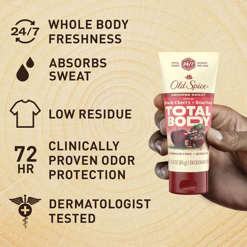 Miniatura 3 de Old Spice Crema desodorante para todo el cuerpo para hombres, sin aluminio, cereza negra + aroma a borbón, protección contra olores 24/7, frescura