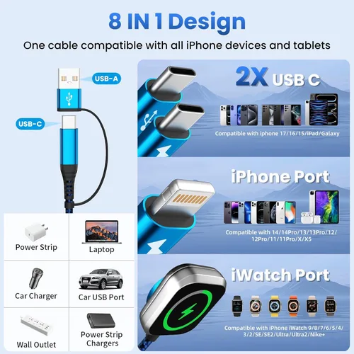 Miniatura 3 de Cable de Carga Múltiple para Cargador de Apple Watch, 4 en 1 Cable Cargador de Teléfono USB A/C con Doble Tipo-C/IP, Cable Magnético iWatch de Nylon