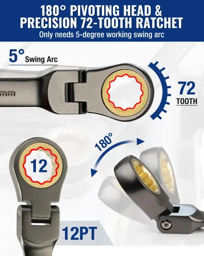 Miniatura 5 de WORKPRO Juego de llaves combinadas de trinquete de cabeza flexible de 8 piezas, métricas 0.354-0.669 in, 72 dientes, construcción Cr-V, niquelado