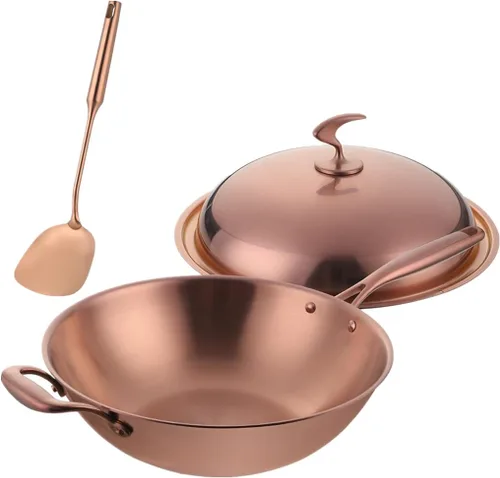Miniatura 5 de QIBOORUN SUS 304 - Sartén de acero inoxidable con tapa y espátula, sartén de acero inoxidable compatible con inducción con tapa, sartén para chefs