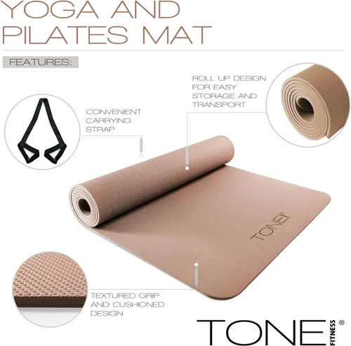 Miniatura 4 de TONE Fitness Esterilla de yoga antideslizante de 1/4 pulgadas de grosor para ejercicios y pilates para entrenamientos en casa con correa