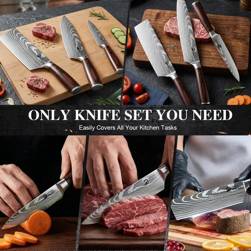 Miniatura 6 de Dfito Juego de cuchillos de cocina, 3 piezas de acero inoxidable de alto carbono con mango de madera de Pakkawood roja, juegos de cuchillos de chef