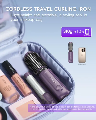Miniatura 4 de Cordless Curling Iron Brush, 8000mAh, 4 Temp Setting, 1/1.5 inch 2 in 1 Portable Mini Travel Hot Comb,Rechargeable Hair Curler Cordless with 200