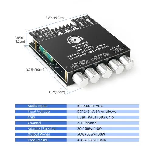 Miniatura 6 de ZK-TB21 50W+50W+100W 2.1 Canal Placa de Amplificador para Vehículos con Control de Agudos y Bajos, Chip Dual TPA3116, DC 12-24V, Entradas Bluetooth