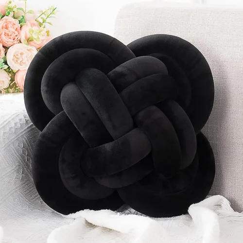 Almohada de nudo, almohadas decorativas con felpa suave para sofá, almohadas anudadas de 12 pulgadas, color negro, decoración de habitación, cojín