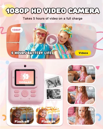 Miniatura 4 de JOYJAM Cámara para niños con impresión instantánea, cámara digital de selfie de doble lente mejorada para niños, HD 1080P, juguetes de regalo