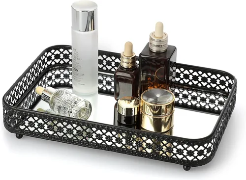 Miniatura 10 de ELLDOO Bandeja Dorada para Perfumes y Maquillaje - Almacenamiento de Joyas con Tallado Hueco, Organizador de Baratijas de Cristal y Metal para Dorado