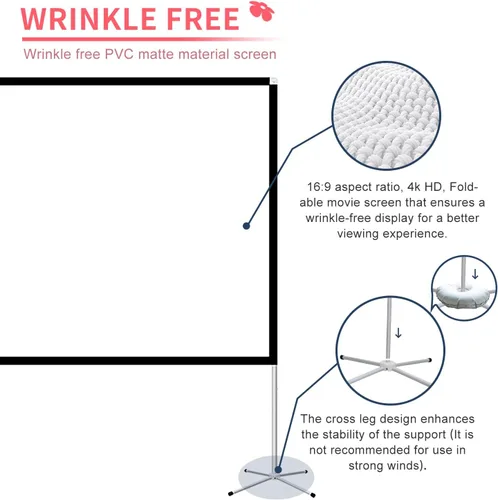 Miniatura 7 de Pantalla de proyector con soporte de 120 pulgadas: Pantalla de proyección plegable y portátil 16:9 4K HD Pantalla de película ligera sin arrugas