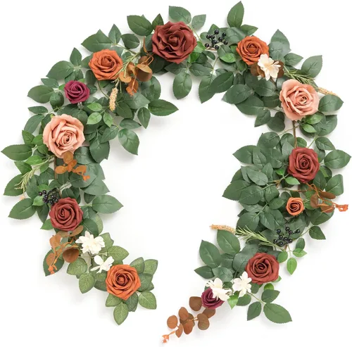 Miniatura 17 de Ling's Moment - Guirnalda de Flores Artificiales de 5 Pies de Borgoña, Guirnalda Floral de Rosa Marrón, Flores de Arco, Vid para Decoración de Fondo