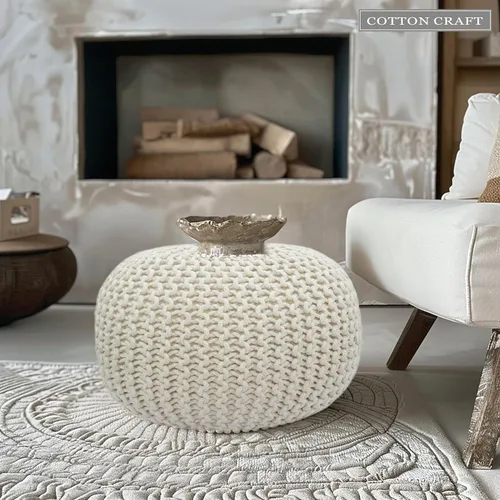 Miniatura 2 de Puf Cotton Craft tejido a mano con estilo de cable Dori Pouf, otomano para el piso, 100 % algodón trenzado, hecho y cosido a mano, un asiento único