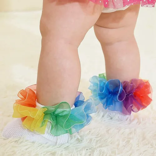 Miniatura 3 de Toddler Girls Socks with Rainbow Lace Ruffle Trim Cotton Baby Socks Frilly Dress Socks for Little Girls