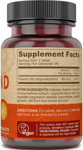 Miniatura 3 de DEVA Vitamina D2 vegana 60 mcg 2400 UI, suplemento de ergocalciferol sin ingredientes animales, 90 tabletas (paquete de 2)