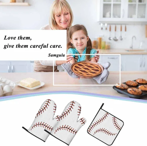 Miniatura 7 de Juego de guantes de horno y soportes para ollas de béisbol, diseño de cordones de softbol, resistentes al calor, 3 piezas para cocinar, hornear