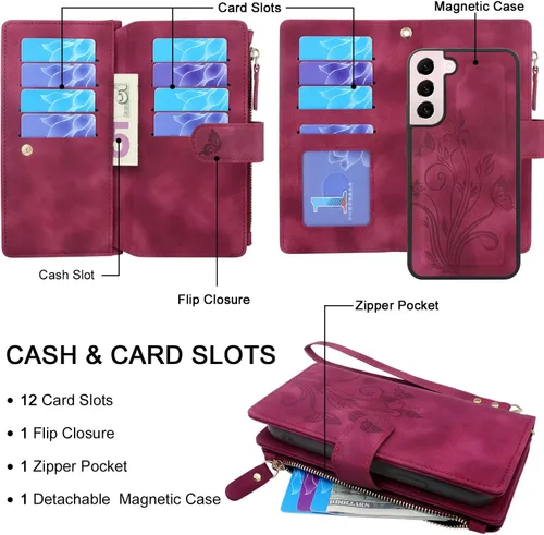 Miniatura 2 de Funda para Samsung Galaxy S22+ Plus [12 ranuras para tarjetas] Soporte para efectivo de crédito de identificación, bolsillo con cremallera, imán