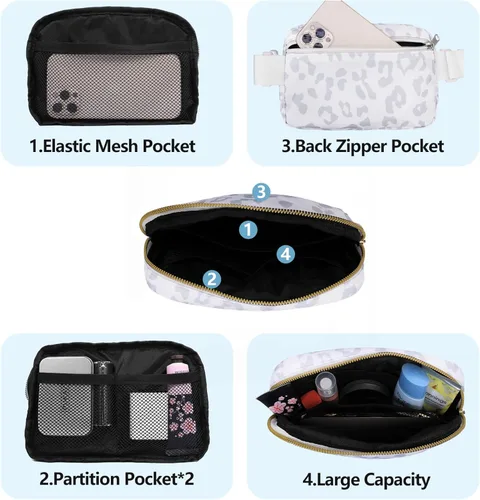 Miniatura 3 de VOROLO Riñonera para mujeres y hombres, bolsa cruzada con correa ajustable, regalos de graduación, leopardo blanco