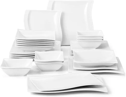 Miniatura 10 de MALACASA - Juegos de vajilla para 6, 30 piezas de platos y tazones de porcelana, juego de vajilla cuadrada con plato para cena y tazón, taza y Azul