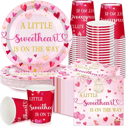 Miniatura 31 de Hushee 200 piezas de platos de papel, servilletas y vasos florales para baby shower, juego de vajilla para fiesta de baby shower, vasos y Rosa