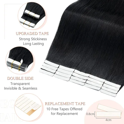 Miniatura 3 de Extensiones de cabello Sego, cabello humano estilo remy, con cinta adhesiva, lacio, cinta adhesiva de entramado tipo piel, sin costuras, invisible
