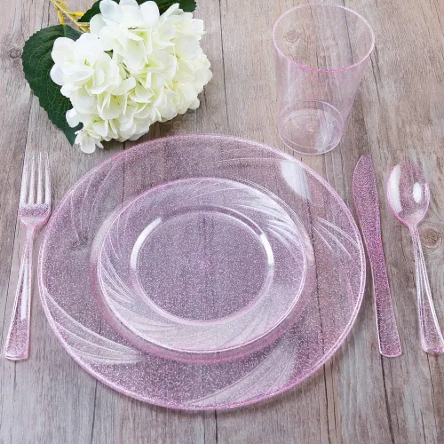 Miniatura 2 de WDF Platos de plástico rosa dorado rosa con cubiertos de plástico rosa incluyen 40 platos de cena y ensalada, 40 tenedores, 40 cuchillos, 40
